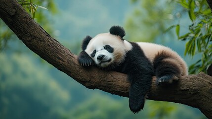 Lazy Panda Bear Sleeping on a Tree Branch, Peacefully Resting in China&acirc;&euro;&trade;s Wilderness 