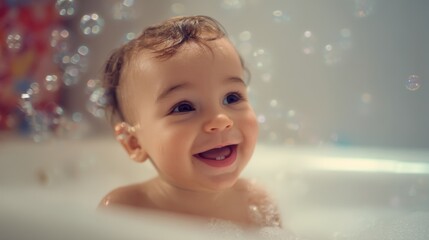 A joyful baby smiles in a bubble-filled bath, surrounded by sparkling water droplets, capturing a moment of pure innocence and happiness.