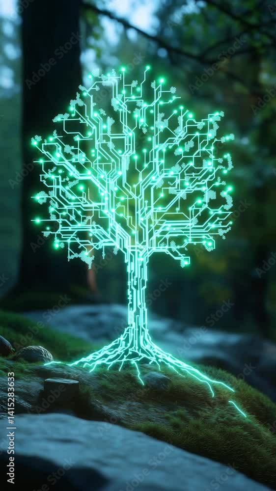 Poster a green digital tree with glowing circuit patterns stands tall among the forest foliage, blending na