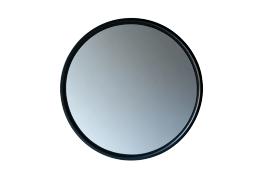 A sleek round mirror with a dark frame reflecting a soft gradient grey hue against a black background Perfect for design elements or on transparent background