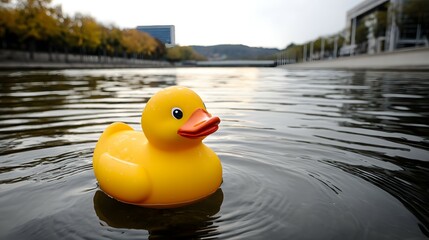 Yellow rubber duck floats on a calm river.