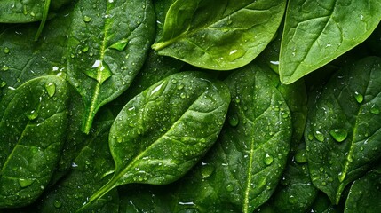 Fototapeta premium Background from fresh green spinach leaves with water drops. Texture of raw organic baby spinach close up. Food background