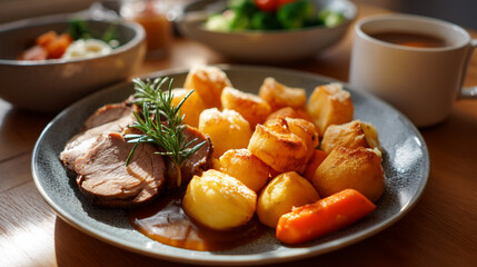 Delicious roast dinner with pork potatoes and vegetables traditional sunday lunch meal idea recipe inspiration