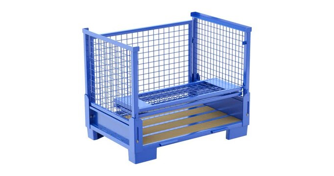 Assembling of collapsible transportation box pallet cage - 3D animation isolated on white background
