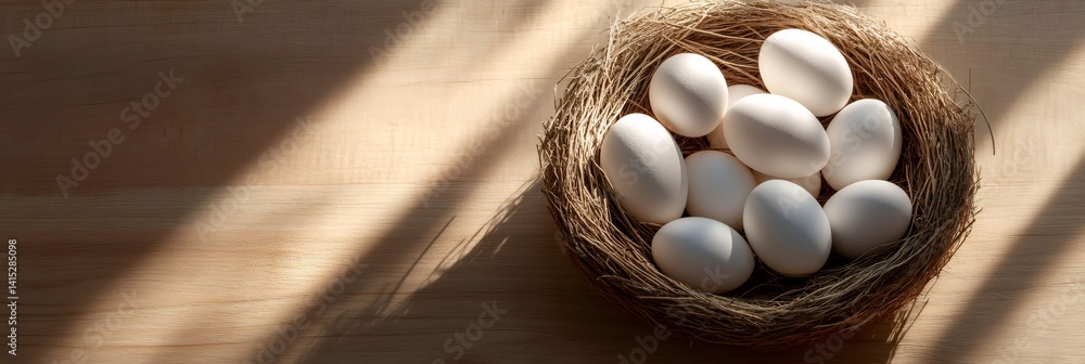 Poster numerous fresh white eggs rest in a cozy hay nest atop a light wooden table, illuminated by soft, na