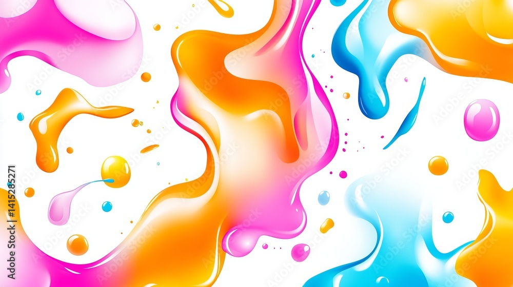 Poster colorful fluid forms are flowing and mixing across the white background creating an abstract digital