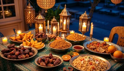 A vibrant tabletop scene featuring traditional Middle Eastern foods served during Ramadan