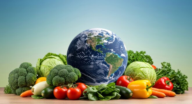 Earth globe surrounded by vegetables. World environment day, global health nutrition concept, fresh produce, vegetarian diet for greeting card. - Powered by Adobe