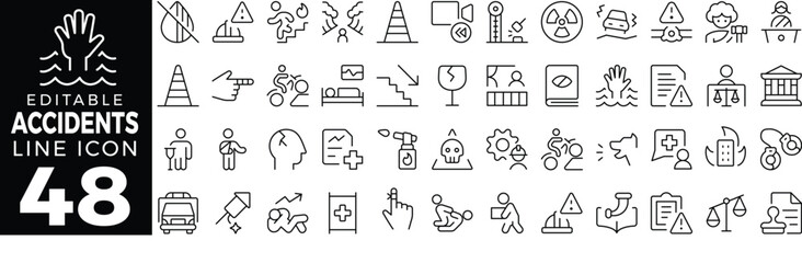 Accident Icon Set: A Line Icon Collection Featuring Crash, Emergency, Injury, First Aid, Warning, Car Accident, Ambulance, and More