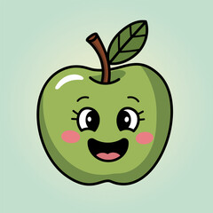 Obraz premium Cute Kawaii Green Apple with Smiling Face