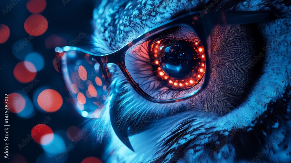 Poster in a lively lab filled with colorful lights, a scientist examines unique owl-like feathers, revealin