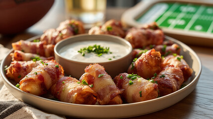 Bacon wrapped appetizers for game day party with creamy dip and green garnish delicious finger food idea