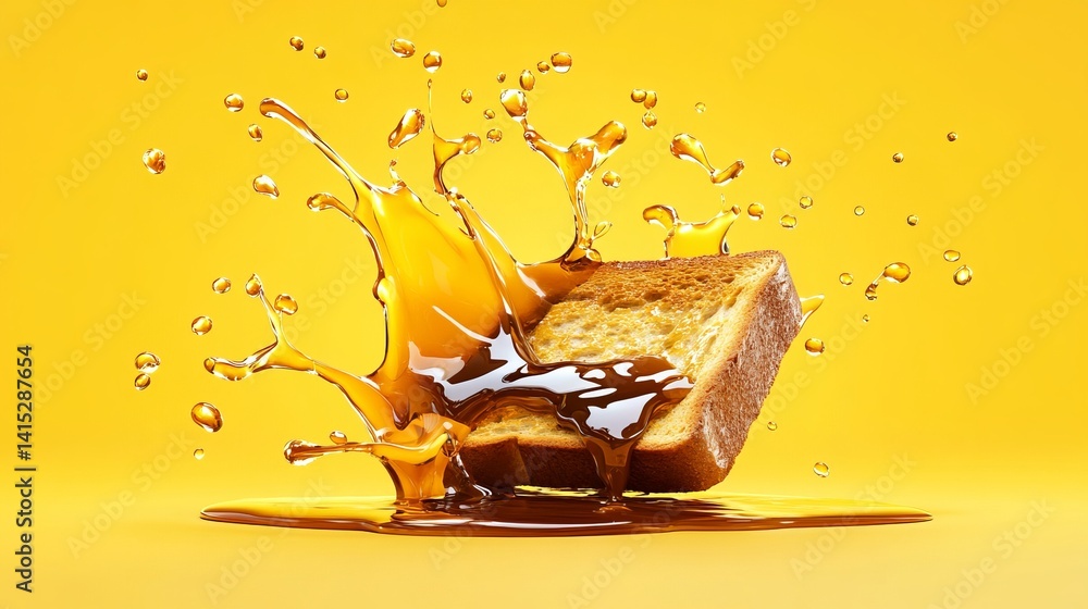 Poster crispy toast is splashed with golden liquid against a bright yellow background creating a dynamic fo