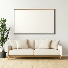 Modern Minimalist Living Room with Blank Frame and Green Plant