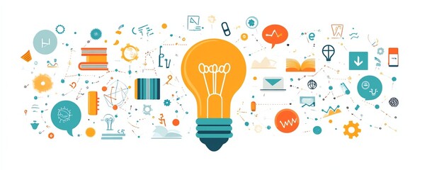 AIgenerated colorful lightbulb illustration with icons of learning, books, gears, and thought bubbles, symbolizing the creative process, knowledge and problemsolving solutions