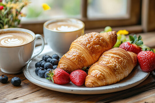 Breakfast with coffee and croissant on a wooden table in cozy morning light.