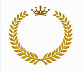 A golden laurel wreath with a crown in the center, a simple clipart design on a white background