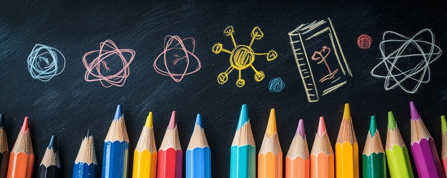 chalkboard filled with colorful handdrawn science and learning symbols like atoms, books, and ideas, surrounded by bright pencils, creative education concept, clean design
