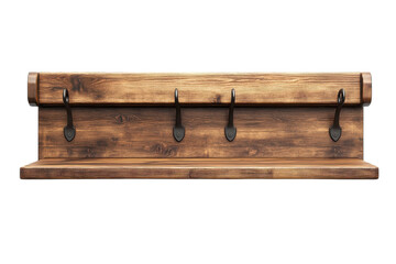 Fototapeta premium Rustic wooden wall shelf with four metal hooks perfect for entryway storage adding a touch of farmhouse charm to your home d cor Dark on transparent background