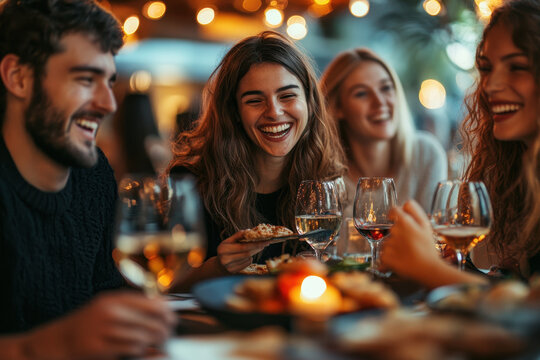 Group of friends laughing around a dinner table with colorful plates and wine glasses. Warm lighting creates a cozy atmosphere in an elegant dining room.