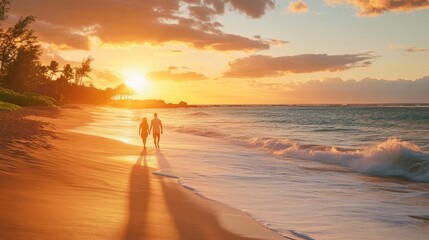 A couple walks hand in hand along a soft sandy beach at sunset, casting long shadows as the golden sun dips into the horizon, filling the sky with vibrant hues