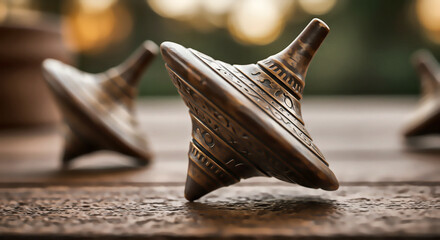 Ornate Bronze Spinning Tops on Wood