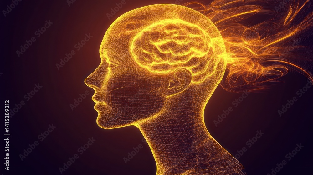 Poster abstract representation of a glowing brain in profile