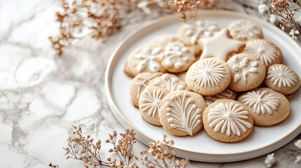 a plate of delicately iced christmas cookies with botanical patterns on a marble table with dried florals