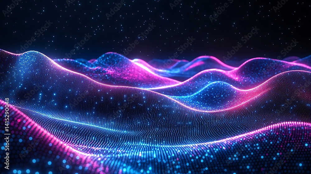 Poster glowing digital wave with particles, abstract digital wave with glowing particles on a black backgro