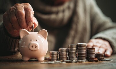 Saving coins in a piggy bank on a wooden table