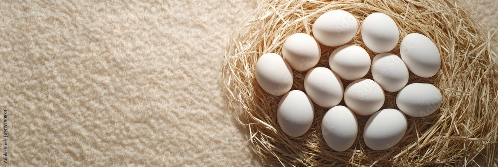 Poster numerous fresh white eggs are nestled together in a cozy straw nest, resting on a textured burlap ba