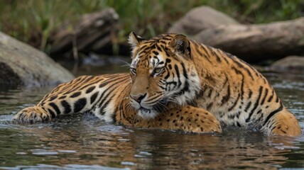 Obraz premium Majestic Tiger in Tranquil Water: A Serene Wildlife Portrait