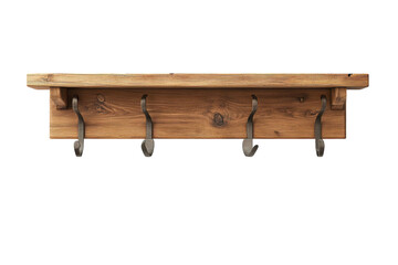 Rustic Wooden Wall Shelf with Four Metal Hooks perfect for entryway or kitchen adds a touch of farmhouse charm to any room Clean lines on transparent background