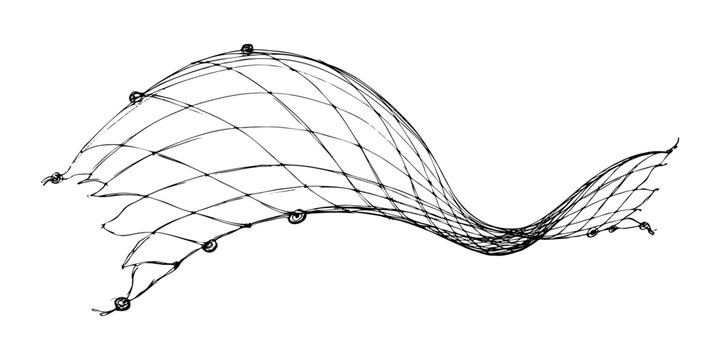 Fishing net with floats, curved by a wave. Graphic line art hand drawn on the theme of sea and fishing in black and white ink. Separate element isolated from the background EPS vector
