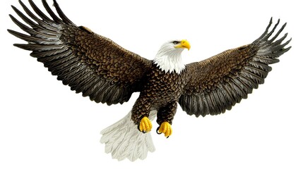 Obraz premium Bald eagle flying on a white background with a flag faintly visible in the distance symbolizing freedom and strength
