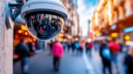 Fototapeta premium The image features a security camera mounted on a wall, magnifying the busy street below, capturing the essence of urban surveillance and the interplay between safety and public life.
