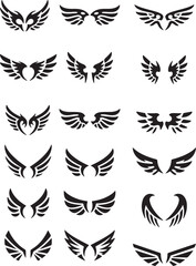 Naklejka premium A collection of 18 black tribal-style wing designs arranged in a 3x3 grid vector 