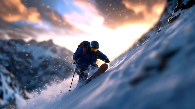 Majestic alpine skier carving a snowy mountainside at sunset.
