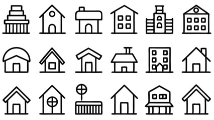 This black vector set features house, home, and building icons, perfect for web or real estate design