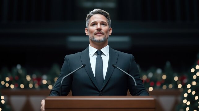 Businessman giving a speech at podium