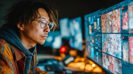 Focused Male Analyst Working on Multiple Computer Screens in Office
