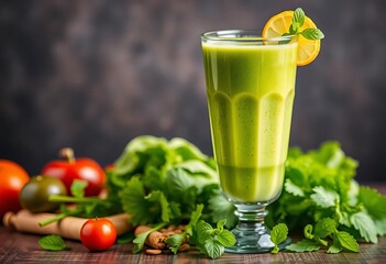 Vibrant green smoothie in glass, vegetables & superfoods,  smoothie bowl,  lifestyle