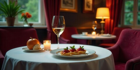 A romantic evening's ambiance with delectable desserts and a glass of wine, set against the backdrop of a cozy and intimate dining space.