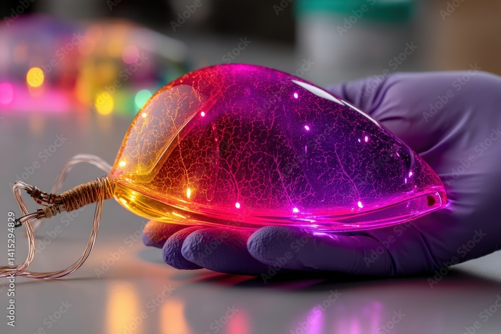 Poster a glowing, colorful object held in a gloved hand, featuring intricate patterns and embedded lights, 