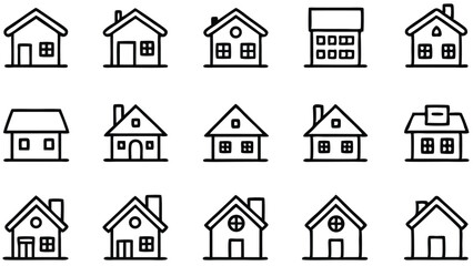 This vector set features black silhouette house icons, a collection of home and building symbols perfect for urban or real estate design illustrations