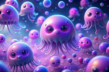 Electric purple with floating blob creatures in pastel tones