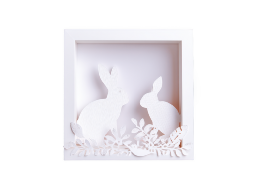 Papercut Paradise: A Delicate Easter Scene with Two Rabbits Amidst Floral Details in a White Shadow Box, Evoking Springtime Joy