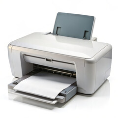 A modern inkjet printer with a sleek white design and a raised output tray, displaying sheet of papers partially ejected from the front. The printer features a minimalist aesthetic.