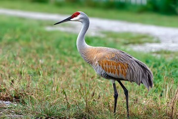 Sandhill crane standing in tall grass.
