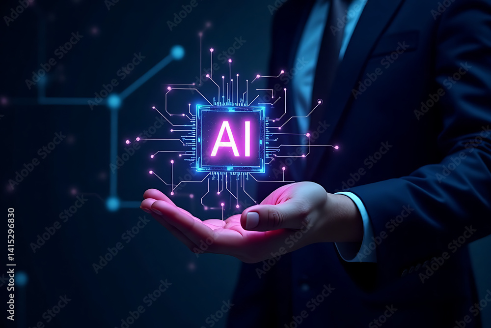 Poster a man is holding a hand up to a computer screen that has the word ai on it